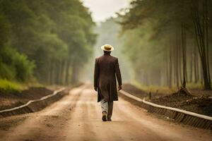 en man i en hatt och täcka promenader ner en smuts väg. ai-genererad foto