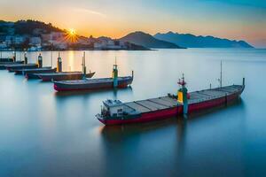 båtar i de vatten på solnedgång. ai-genererad foto