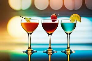 tre annorlunda färgad cocktails i glasögon på en tabell. ai-genererad foto