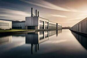 en fabrik byggnad med en flod i de bakgrund. ai-genererad foto