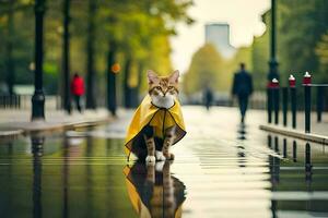 en katt i en gul regnkappa gående på en våt gata. ai-genererad foto