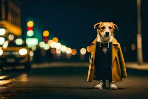 en hund i en dike täcka stående på de gata på natt. ai-genererad foto