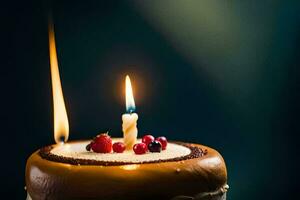 en födelsedag kaka med en enda ljus. ai-genererad foto