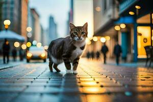 en katt gående på en stad gata på skymning. ai-genererad foto
