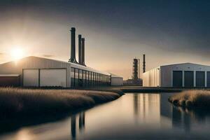 en fabrik med en flod och en stor byggnad. ai-genererad foto