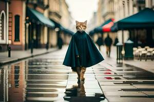 en katt i en dölja gående ner en gata. ai-genererad foto