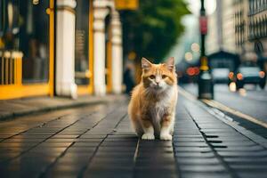 ett orange och vit katt stående på en gata. ai-genererad foto