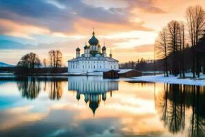 de kyrka av de helig korsa i de vinter. ai-genererad foto