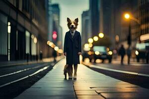 en hund i en kostym stående på en stad gata. ai-genererad foto