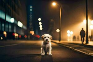en hund stående i de mitten av en stad gata på natt. ai-genererad foto
