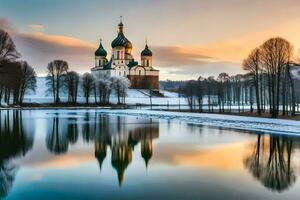 de kyrka är reflekterad i de vatten på solnedgång. ai-genererad foto