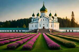 de kyrka av de helig korsa i de lavendel- fält. ai-genererad foto