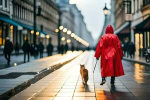 en kvinna i en röd täcka gående henne hund på en stad gata. ai-genererad foto