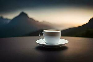 kaffe kopp på en tabell med bergen i de bakgrund. ai-genererad foto
