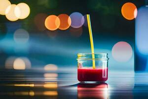 en glas av röd juice med en gul sugrör Sammanträde på en tabell. ai-genererad foto