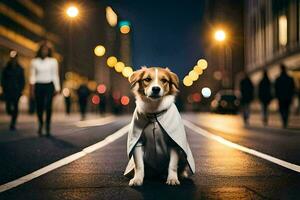 en hund bär en cape på de gata på natt. ai-genererad foto