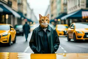 en katt bär en täcka och stående i de mitten av en stad gata. ai-genererad foto