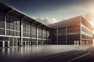 en stor industriell byggnad med en Sol miljö Bakom Det. ai-genererad foto
