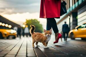 kvinna gående med katt på de gata. ai-genererad foto