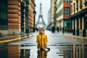 en katt i en gul regnkappa stående på en våt gata. ai-genererad foto