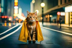 en katt bär en gul regnkappa på de gata. ai-genererad foto
