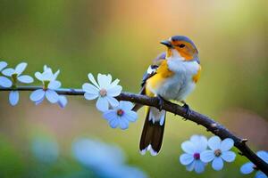 en små fågel är Sammanträde på en gren med blommor. ai-genererad foto