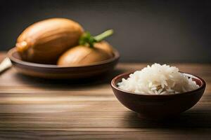 en skål av ris och en skål av grönsaker på en trä- tabell. ai-genererad foto