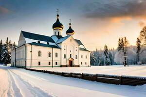 en kyrka i de snö med en snöig väg. ai-genererad foto