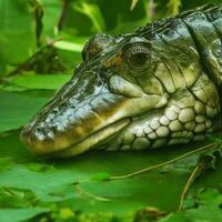 grund fokus av en huvud av ett alligator på grön löv i de skog generativ ai foto