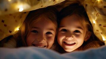 barn på en övernattning, fnissar och viskar i en rum belyst förbi fe- lampor. generativ ai foto