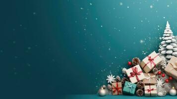 jul träd, gåva låda, bollar, snö, xmas dekoration, ny år baner, blå bakgrund med kopia Plats foto