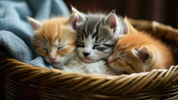 en trio av kattungar gosade tillsammans, sovande lugnt i en vävd korg. generativ ai foto