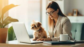 hund och bärbar dator, ung kvinna arbetssätt på Hem. generativ ai foto