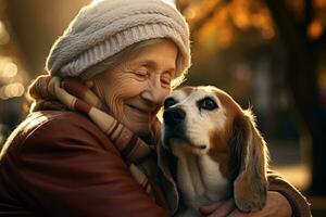 senior kvinna innehav henne beagle , utomhus- höst parkera, ai genererad foto