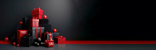 lugg av svart och röd gåva lådor med bågar på svart bakgrund. ai genererad foto