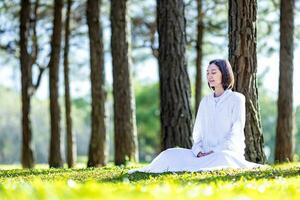 kvinna avkopplande praktiserande meditation i de tall skog till uppnå lycka från inre fred visdom med morgon- ljus för friska sinne och själ begrepp foto