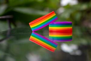 tillverkad till symbolisera HBTQ q de regnbåge handledsband är bärs under de kön jämlikhet festival och är en festival var de HBTQ q gemenskap engagerar i förespråkar för kön jämlikhet tvärs över de hela värld foto