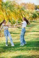 två flickor i jeans i en fält med handflatan träd foto