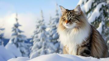 norska skog katt utforska en snöig landskap, dess tjock päls kontrasterande med de ren vit snö. generativ ai foto