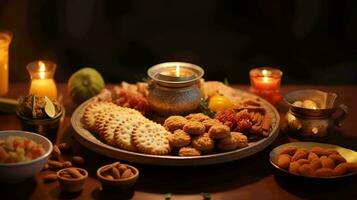 ljuvlig diwali nöjen. ett array av festlig livsmedel och snacks till fira de glad tillfälle foto