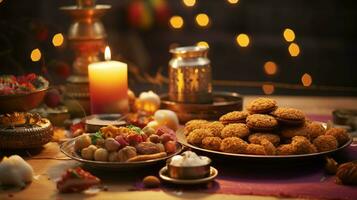 ljuvlig diwali nöjen. ett array av festlig livsmedel och snacks till fira de glad tillfälle foto