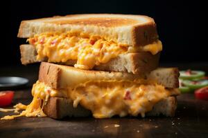 ai generativ. stänga upp av en smörgås med kryddpeppar ost på en trä- tabell. foto