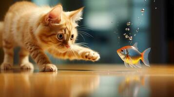 kattens Tass lekfullt tappning en rör på sig guldfisk i en klar skål, visa upp de rovdjur lekfull sida. generativ ai foto