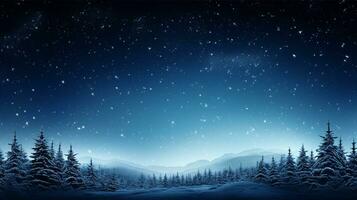 natt starry himmel, vinter- skog, snöig blå bakgrund. generativ ai foto