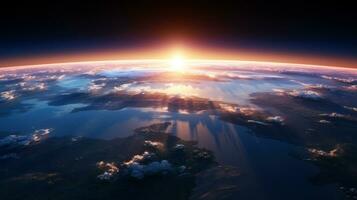 antenn se av planet jord med moln från Plats. se av soluppgång som sett från jordens bana foto