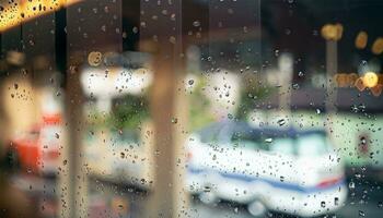 regn släppa på fönster glas av kaffe affär och suddigt stad liv bakgrund foto