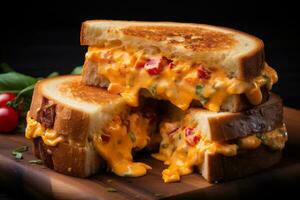 stänga upp av en smörgås med kryddpeppar ost på en trä- tabell. foto