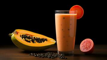 Foto av en papaya smoothie isolerat på platt svart bakgrund. generativ ai