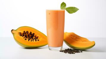 Foto av en papaya smoothie isolerat på platt vit bakgrund. generativ ai