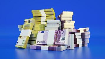 stackar av euro anteckningar. en massa av pengar isolerat på blå bakgrund. 3d tolkning av buntar av kontanter foto